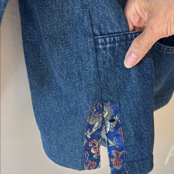 Denim Women's Jacket with embroidery Asian knotted buttons & Floral Accents - Picture 3 of 15